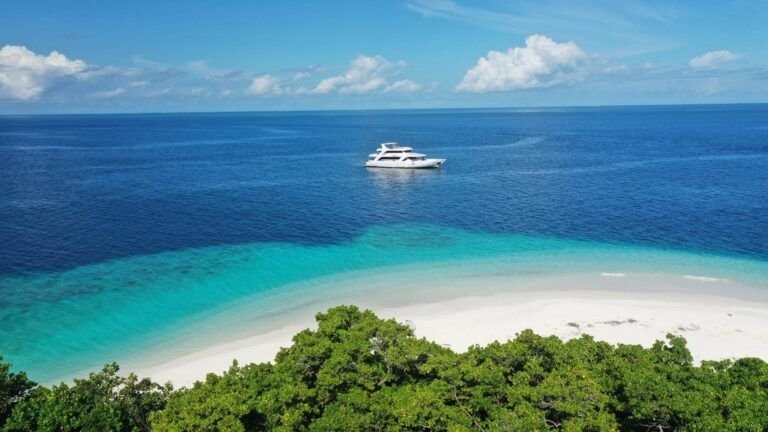 Moonima Safari Boat anchored offshore beside a tropical island